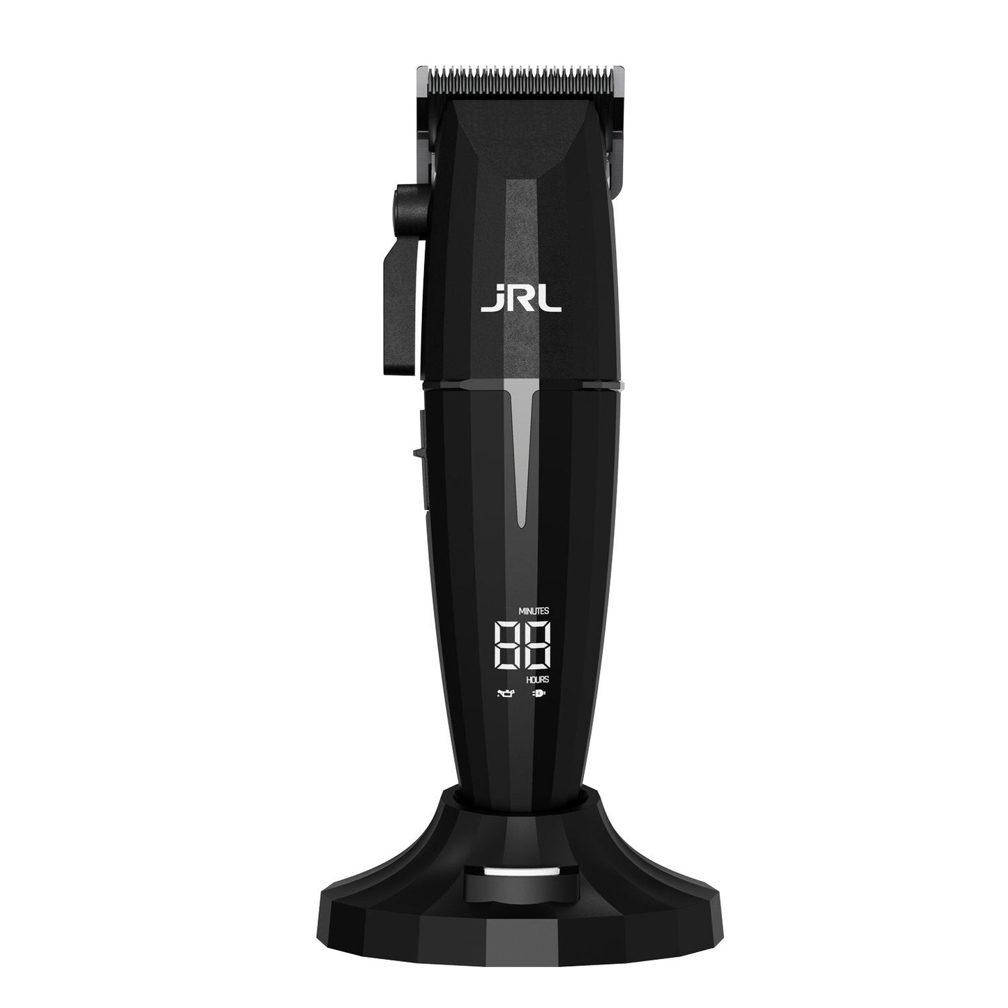Front view of the JRL Onyx Professional Cordless Hair Clipper on its charging dock